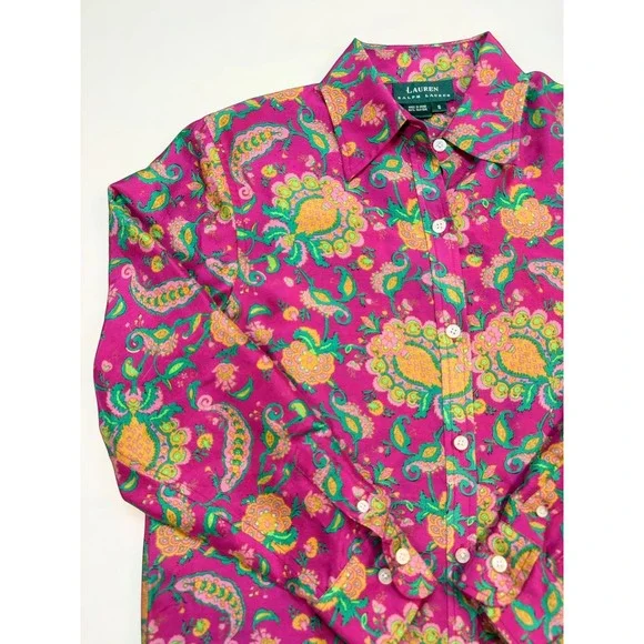Lauren Ralph Lauren Silk Paisley Button Up Shirt Pink Floral Blouse Womens S - Picture 4 of 6